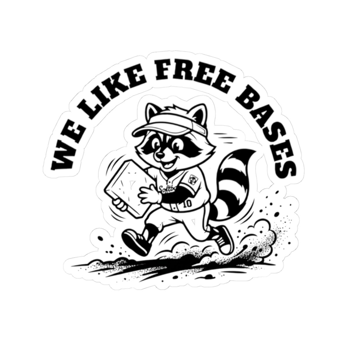 we like free bases raccoon softball sticker we like free bases raccoon softball sticker