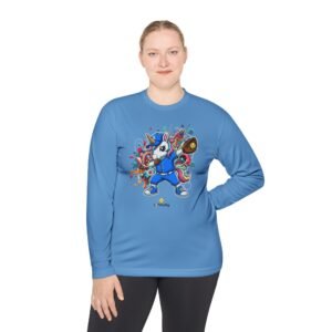 softball unicorn moisture wicking long sleeve shirt in unisex sizes — dabbing unicorn with softball glove