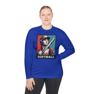 women’s softball player moisture wicking t shirt — vintage “softball” batter design in unisex sizes