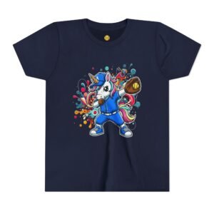 dabbing unicorn softball tee — colorful sports fun graphic t shirt in youth sizes