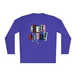 cheer loud! long sleeve moisture wicking tee shirt in unisex sizes – bold retro scrapbooking style design