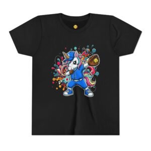 dabbing unicorn softball tee — colorful sports fun graphic t shirt in youth sizes