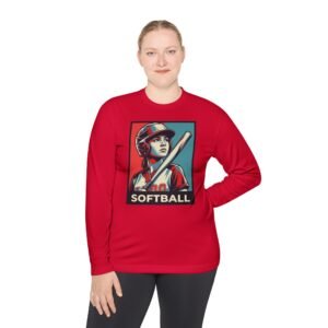 women’s softball player moisture wicking t shirt — vintage “softball” batter design in unisex sizes
