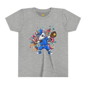 dabbing unicorn softball tee — colorful sports fun graphic t shirt in youth sizes