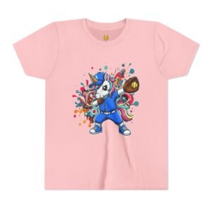 dabbing unicorn softball tee — colorful sports fun graphic t shirt in youth sizes
