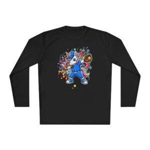 softball unicorn moisture wicking long sleeve shirt in unisex sizes — dabbing unicorn with softball glove