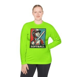 women’s softball player moisture wicking t shirt — vintage “softball” batter design in unisex sizes