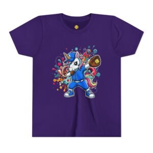 dabbing unicorn softball tee — colorful sports fun graphic t shirt in youth sizes