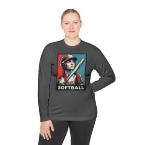 women’s softball player moisture wicking t shirt — vintage “softball” batter design in unisex sizes