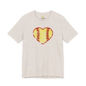 softball heart vintage graphic tee — cute yellow and red retro softball love t‑shirt