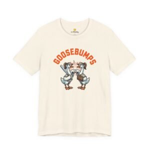 goosebumps graphic tee — softball playing geese fist bumping