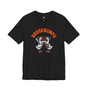 goosebumps graphic tee — softball playing geese fist bumping