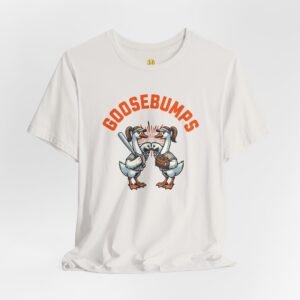 goosebumps graphic tee — softball playing geese fist bumping