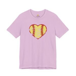 softball heart vintage graphic tee — cute yellow and red retro softball love t‑shirt