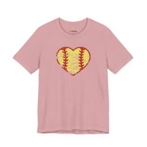 softball heart vintage graphic tee — cute yellow and red retro softball love t‑shirt