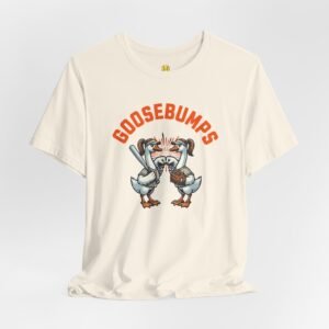 goosebumps graphic tee — softball playing geese fist bumping