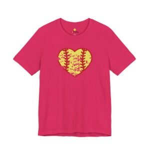softball heart vintage graphic tee — cute yellow and red retro softball love t‑shirt