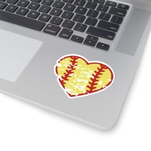 softball heart sticker — distressed yellow red kiss cut design for players & fans