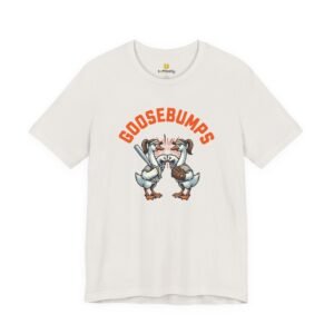 goosebumps graphic tee — softball playing geese fist bumping