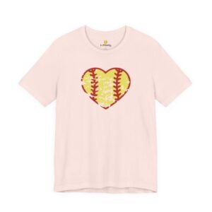 softball heart vintage graphic tee — cute yellow and red retro softball love t‑shirt