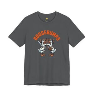goosebumps graphic tee — softball playing geese fist bumping