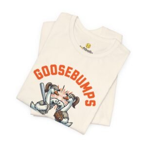 goosebumps graphic tee — softball playing geese fist bumping