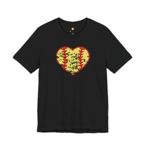 softball heart vintage graphic tee — cute yellow and red retro softball love t‑shirt