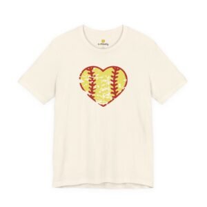 softball heart vintage graphic tee — cute yellow and red retro softball love t‑shirt