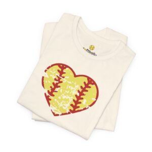 softball heart vintage graphic tee — cute yellow and red retro softball love t‑shirt
