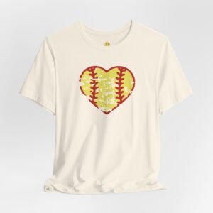 softball heart vintage graphic tee — cute yellow and red retro softball love t‑shirt