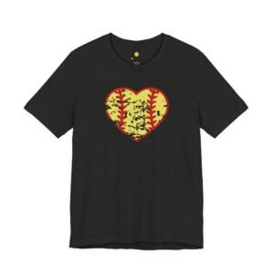 softball heart vintage graphic tee — cute yellow and red retro softball love t‑shirt