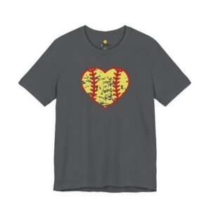 softball heart vintage graphic tee — cute yellow and red retro softball love t‑shirt