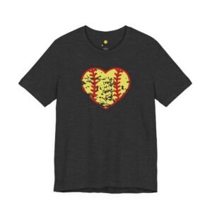 softball heart vintage graphic tee — cute yellow and red retro softball love t‑shirt