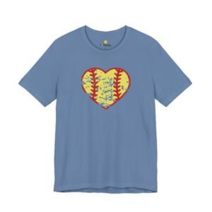 softball heart vintage graphic tee — cute yellow and red retro softball love t‑shirt