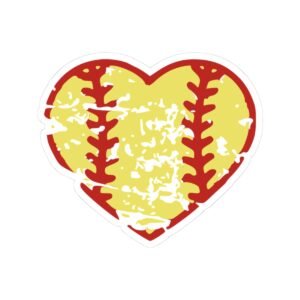 softball heart sticker — distressed yellow red kiss cut design for players & fans