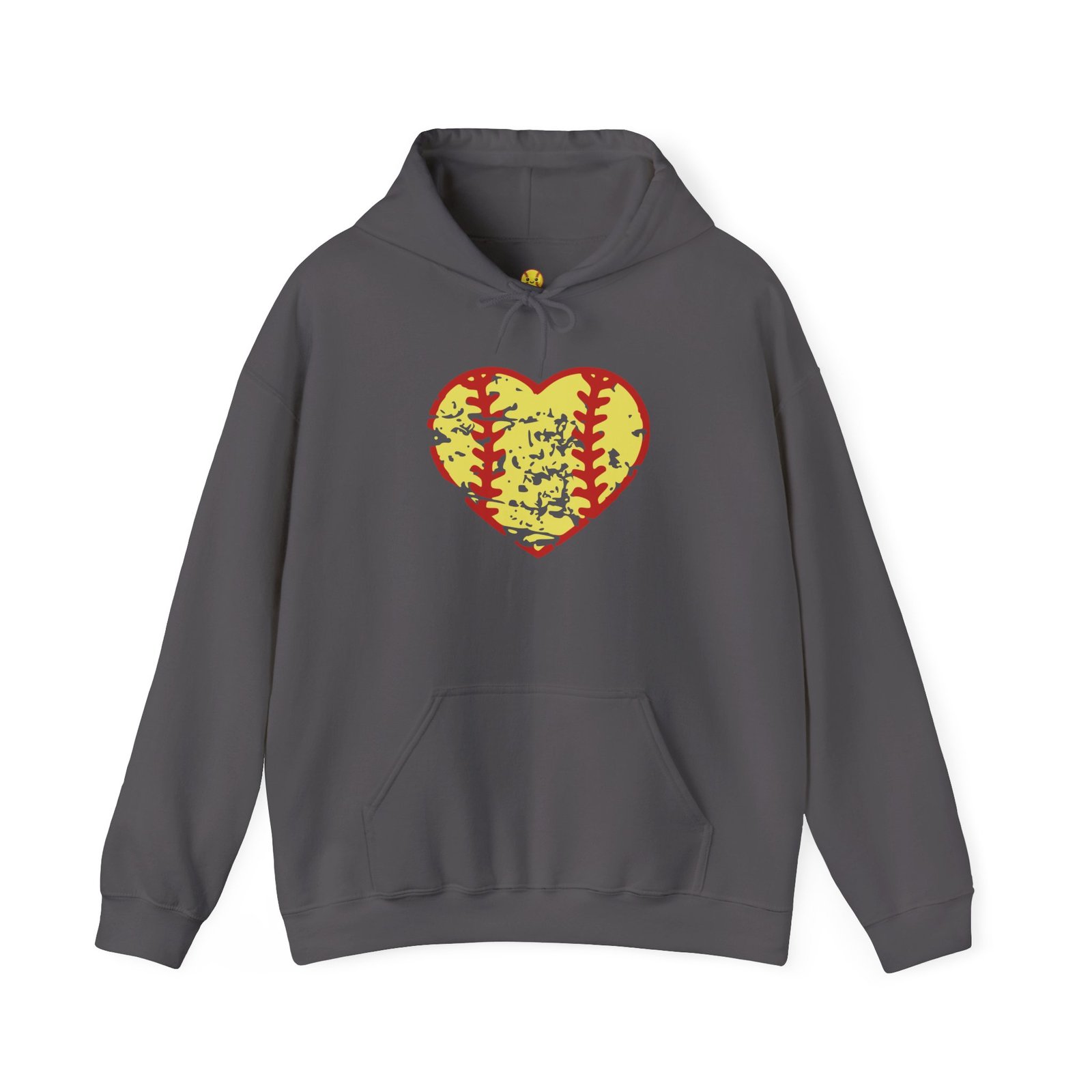 softball heart vintage graphic hoodie — yellow and red retro softball love hooded sweatshirt