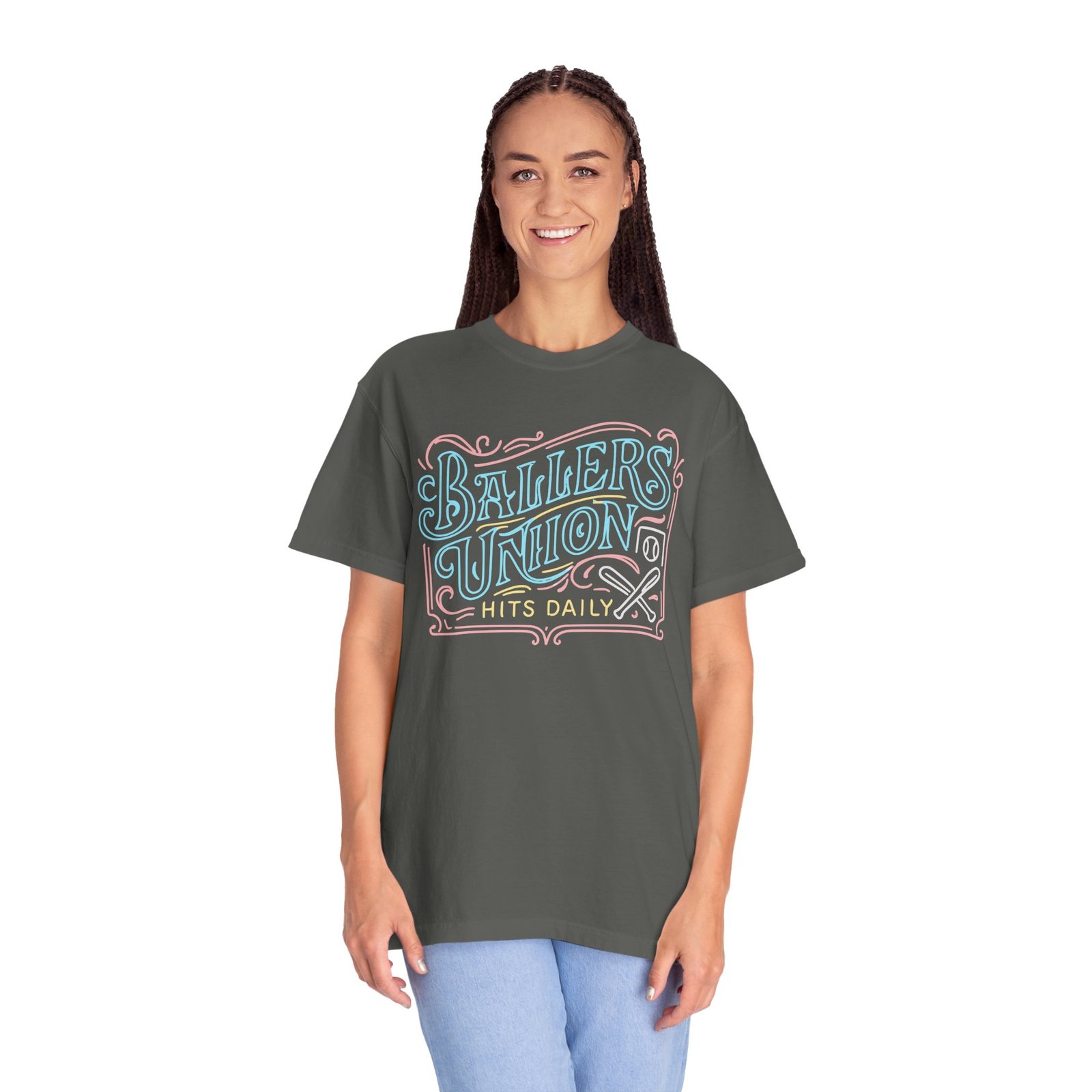 ballers union tee — 'ballers union hits daily' retro neon sign style design on comfort colors 1717 t‑shirt