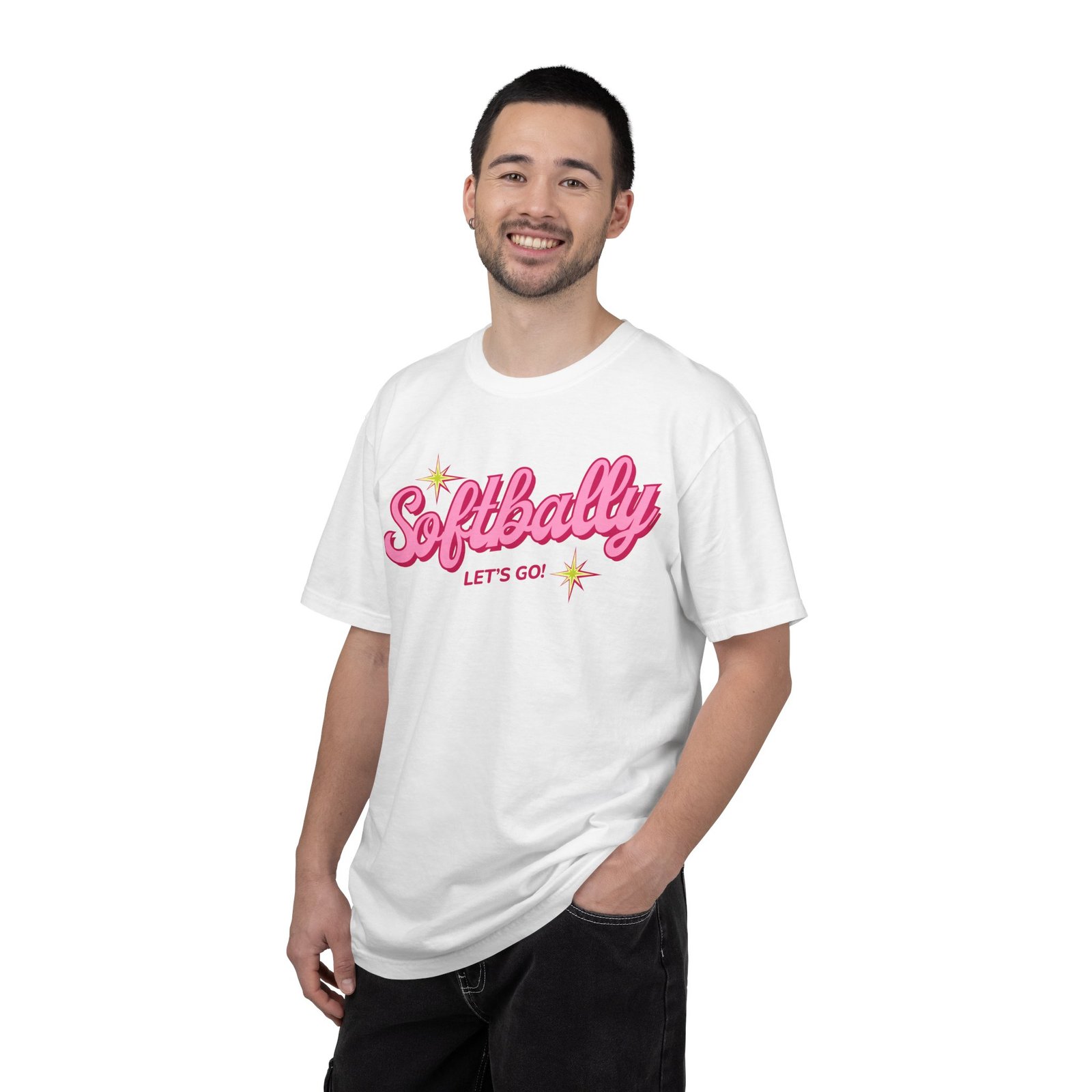 softbally “let’s go!” tee — bubble gum retro softball design on comfort colors 1717 t shirt
