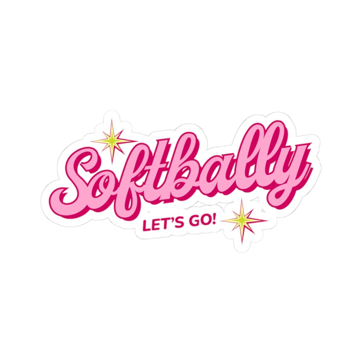 softbally kiss cut sticker — pink retro “softbally let’s go!” laptop decal