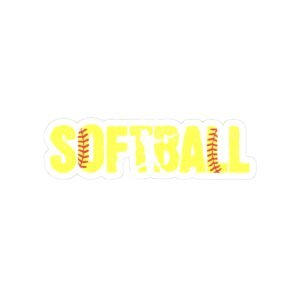 softball kiss cut sticker — yellow distressed with red softball stitch design