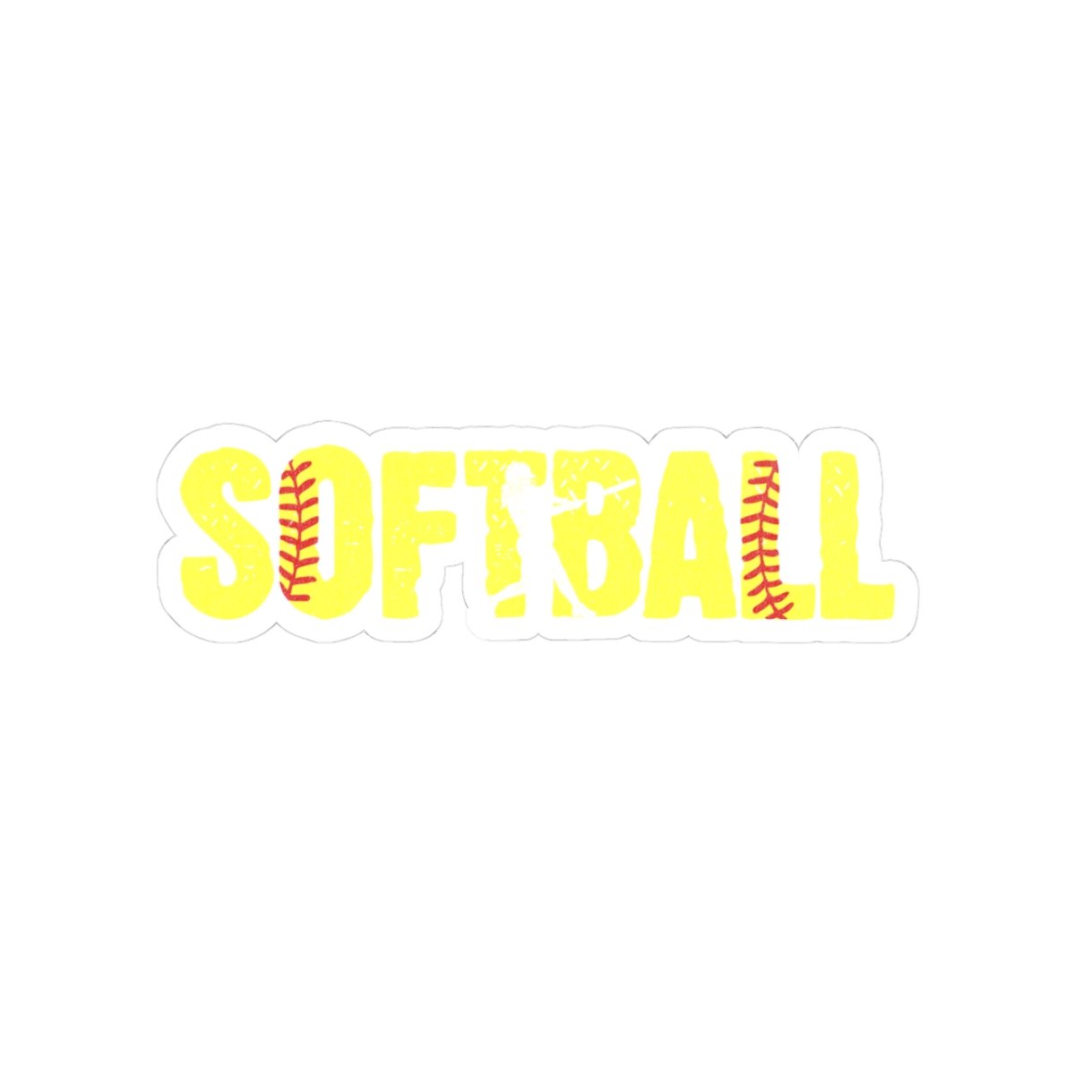 softball kiss cut sticker — yellow distressed with red softball stitch design