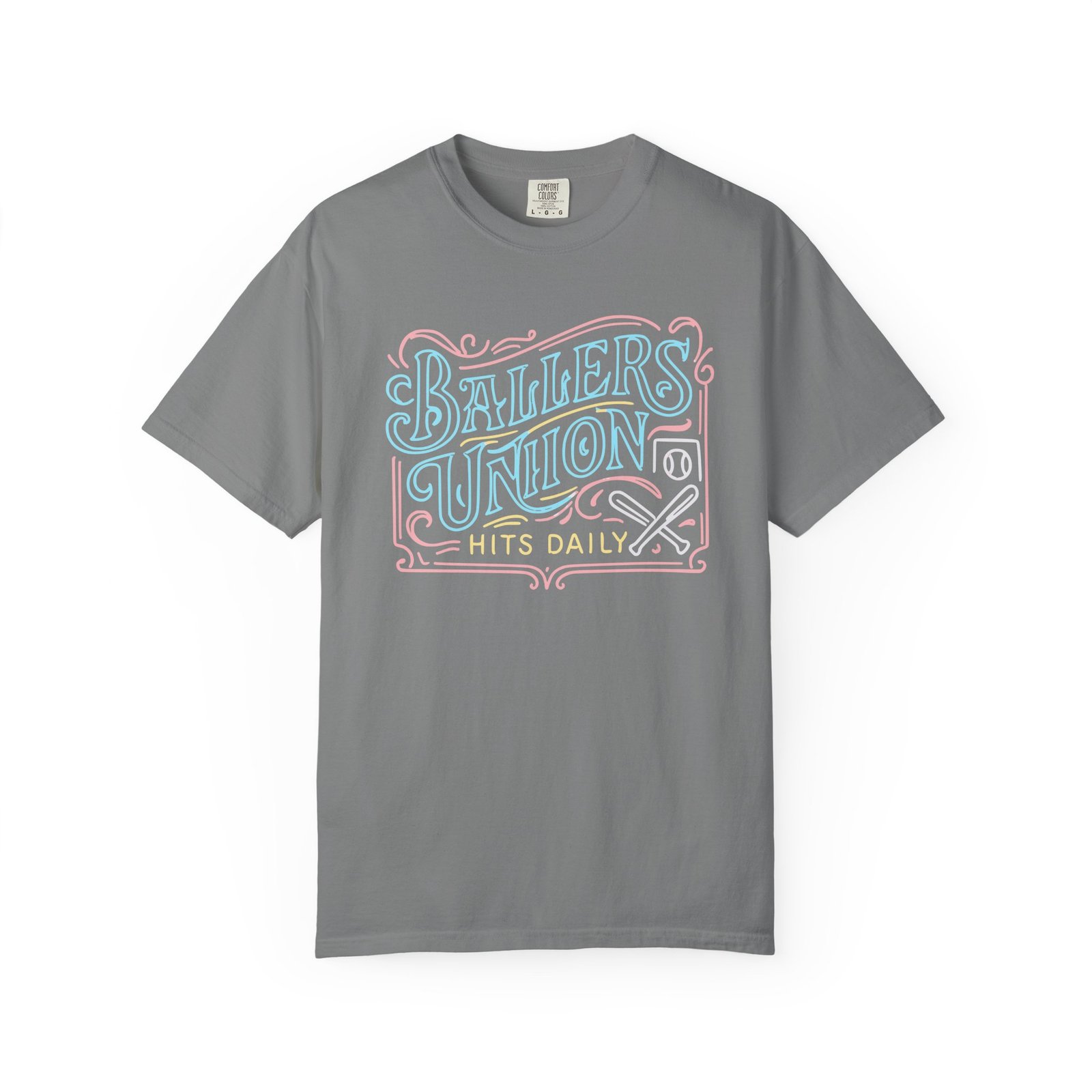 ballers union tee — 'ballers union hits daily' retro neon sign style design on comfort colors 1717 t‑shirt