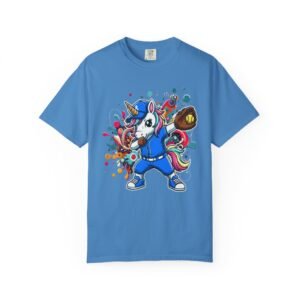 dabbing unicorn softball tee — colorful graphic t shirt design on comfort colors 1717 shirt