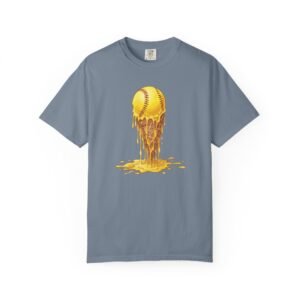 melting softball t‑shirt — dripping softball ice cream graphic on comfort colors 1717 tee