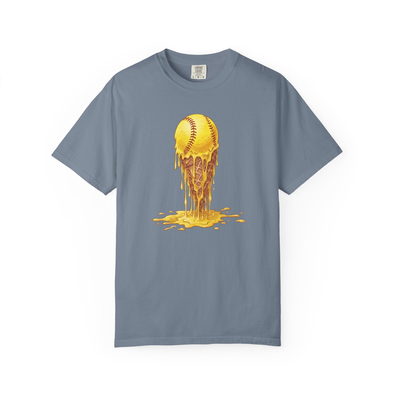 melting softball t‑shirt — dripping softball ice cream graphic on comfort colors 1717 tee