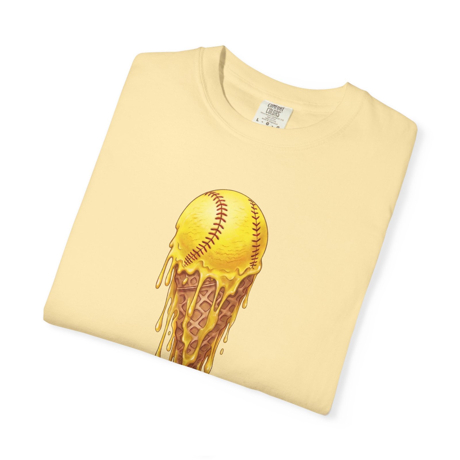 melting softball t‑shirt — dripping softball ice cream graphic on comfort colors 1717 tee