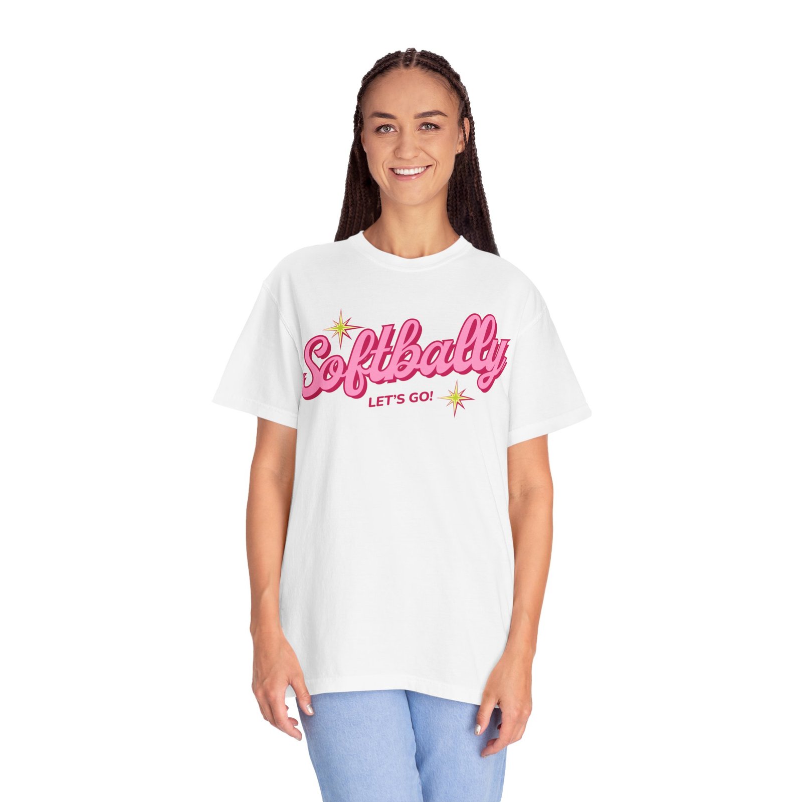 softbally “let’s go!” tee — bubble gum retro softball design on comfort colors 1717 t shirt