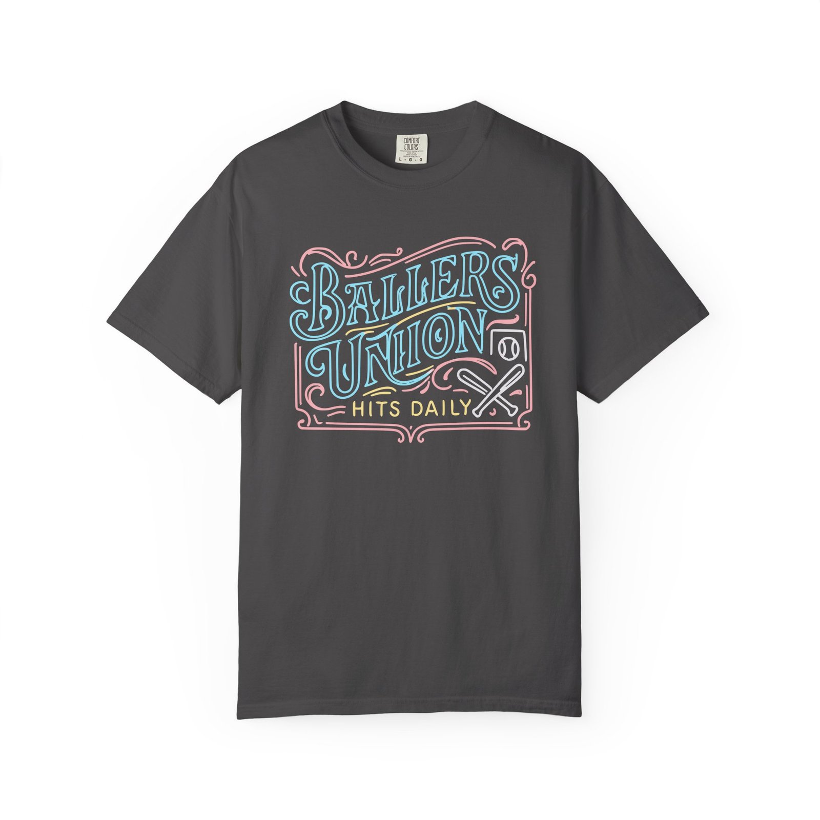 ballers union tee — 'ballers union hits daily' retro neon sign style design on comfort colors 1717 t‑shirt