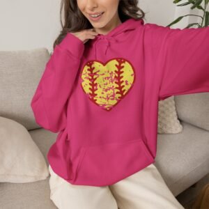 softball heart vintage graphic hoodie — yellow and red retro softball love hooded sweatshirt