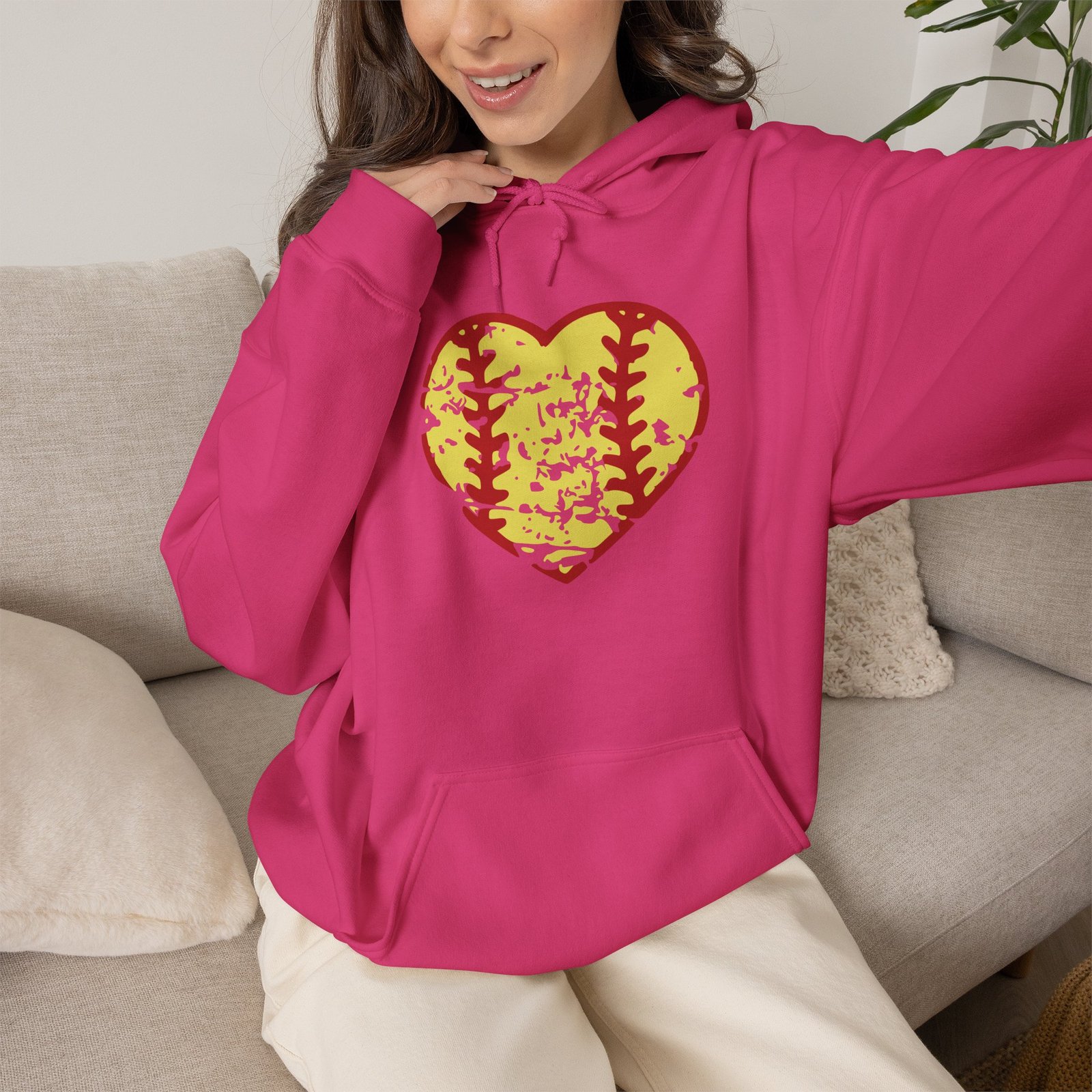 softball heart vintage graphic hoodie — yellow and red retro softball love hooded sweatshirt